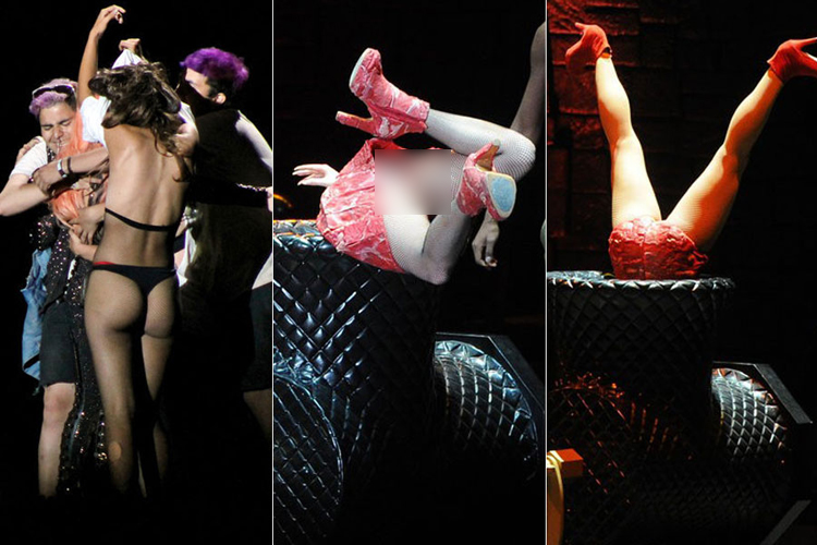 Ngoài ra, Lady Gaga cũng liên tục thử thách sức chịu đựng của khán giả khi trình diễn hàng loạt động tác mạo hiểm 